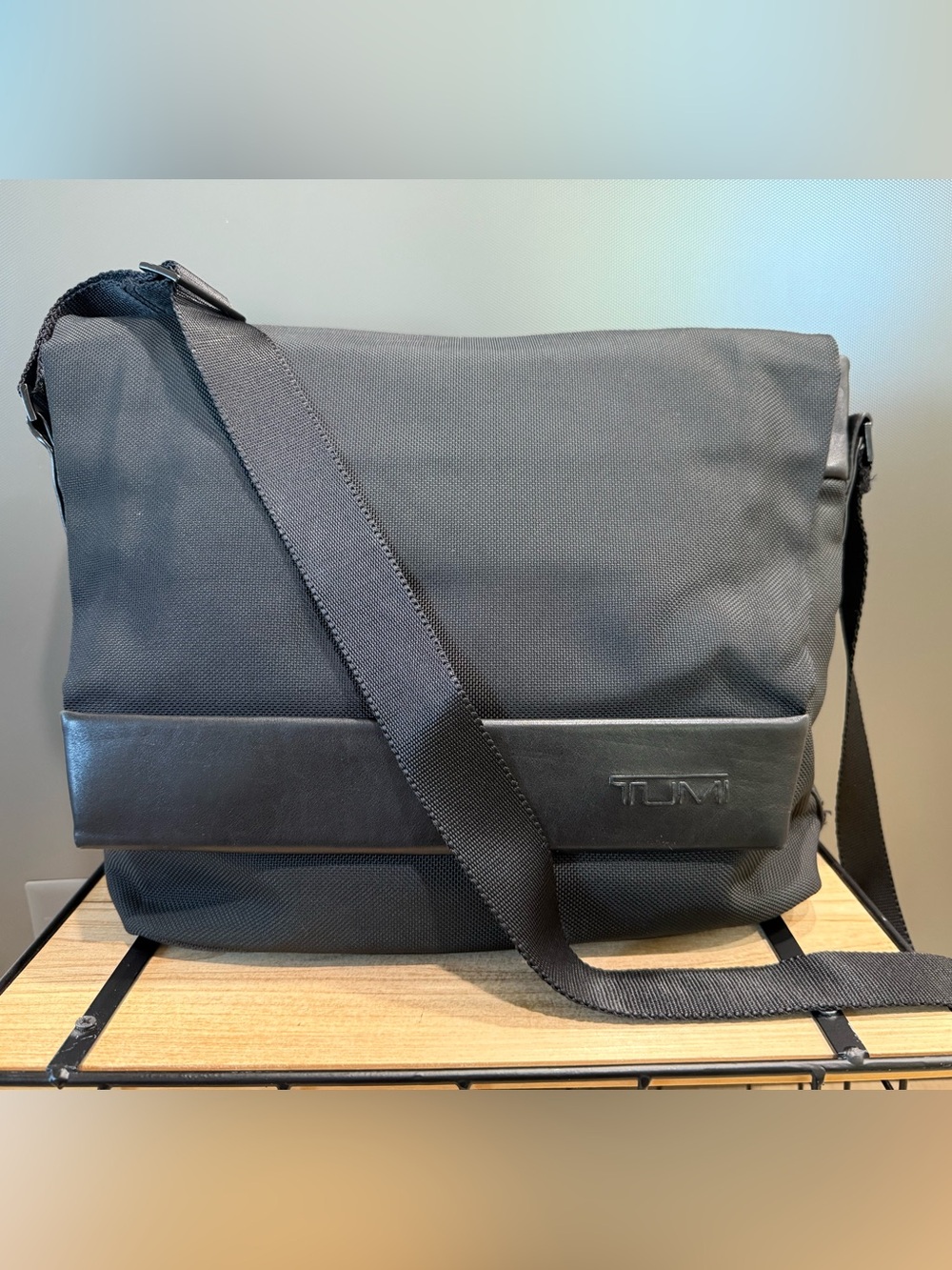 TUMI Black Ballistic Nylon Messenger Bag Crossbody Shoulder Bag, Removable Pouch